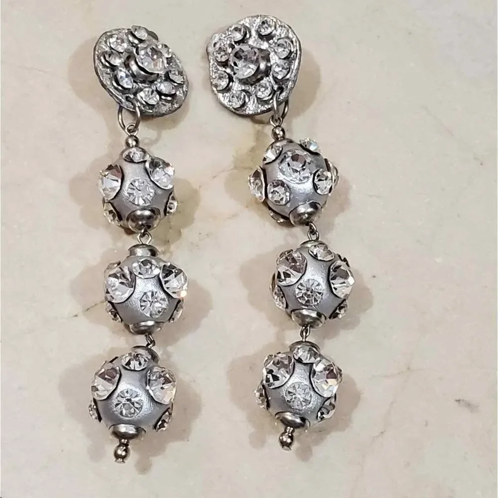 Vintage Style Silver Tone Crystal Tiered Sphere Clip On Drop Statement Earrings